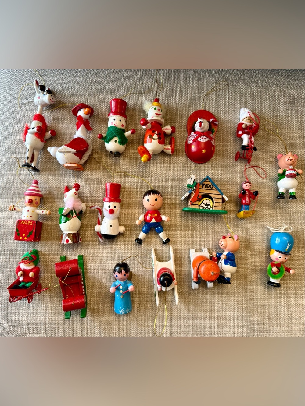 Vintage Mini Wooden Christmas Ornaments. Set of 19 Hand painted Holiday Firgures